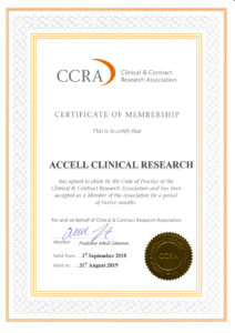 Clinical & Contract Research Association (CCRA) Certificate of Membership of Accell Clinical Research 2018